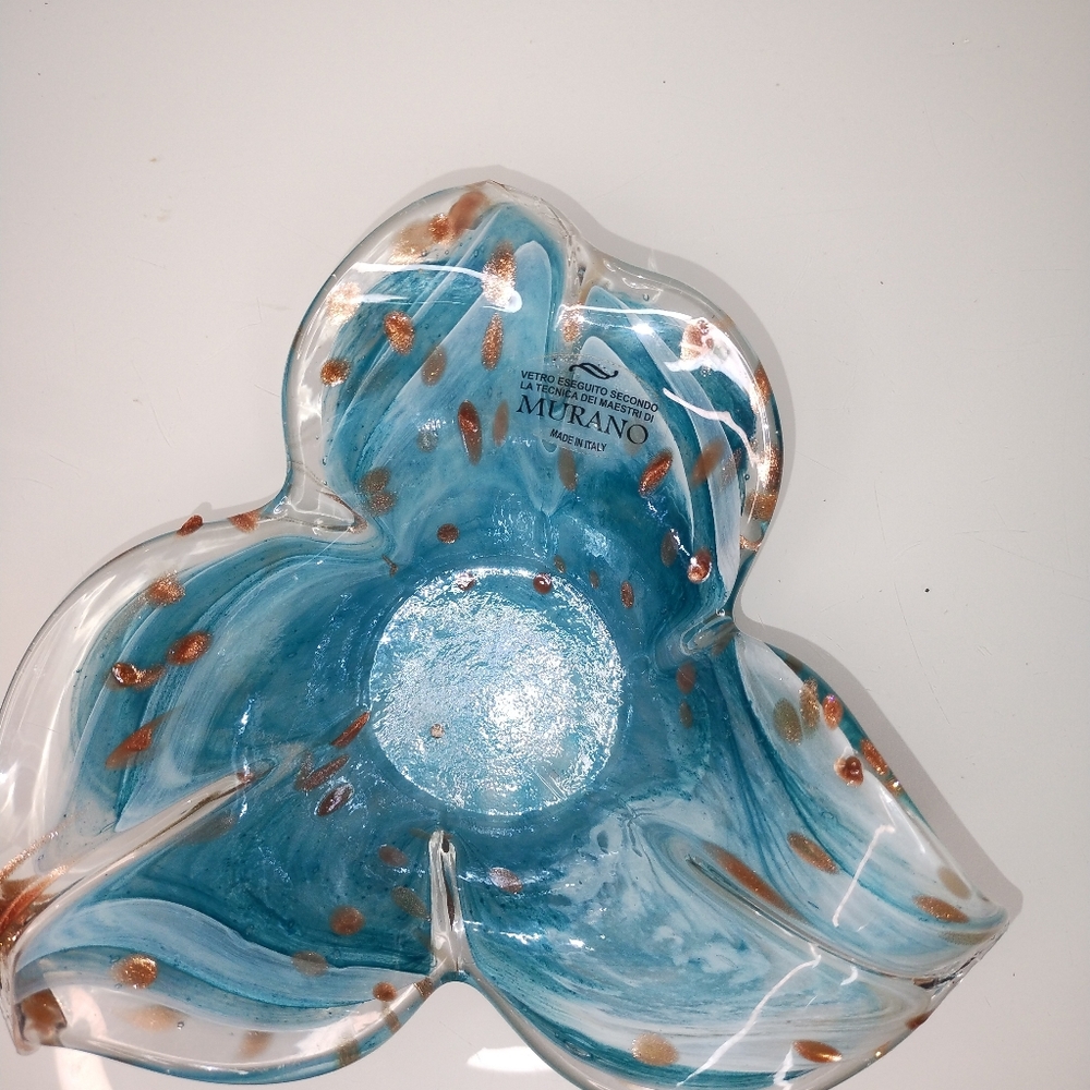 HandBlown Murano Lavorazione Blue Petal Art Glass Bowl with Gold Aventurine - Picture 5 of 10